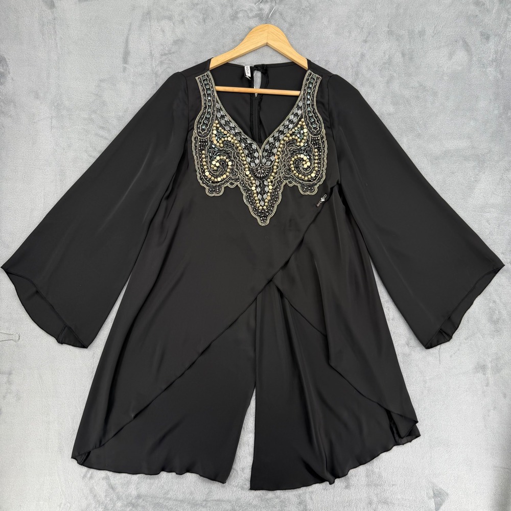SAHOCO Black Beaded Neckline Bell Sleeve‎ Wrap Top Blouse Women's Small S